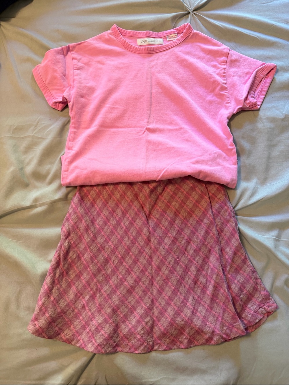 Zara Girls Pink Short Sleeve Tee with Pink Plaid Skirt
